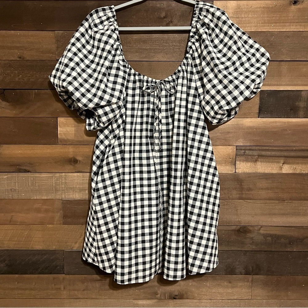 NWT Shop Zoco Short Daymaker Dress Black White Gingham Puff Sleeve Size Large